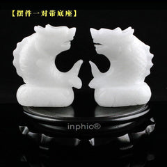 INPHIC-開運 開光鯉躍蓮臺白色擺件甲午馬年生肖屬龍者綜合開運吉祥物正宗(一對帶底座)