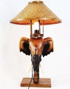 INPHIC-東南亞風格 泰國進口木雕工藝品 燈具燈飾象頭檯燈(原木)