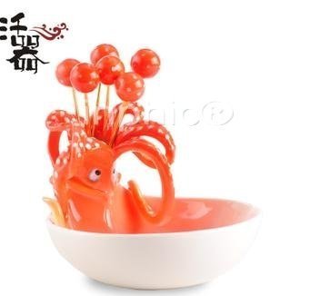 INPHIC-可愛魷魚水果蔬菜沙拉琺瑯瓷碗套裝 帶水果叉