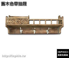 INPHIC-美式鄉村復古裝飾架實木花架帶鑰匙掛勾家居酒吧咖啡店鋪裝飾道具-舊木色帶抽屜