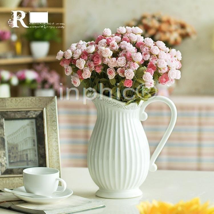 INPHIC-白色浮雕陶瓷單耳奶壺 歐式田園仿真花藝套裝