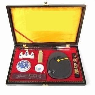 INPHIC-12吋木盒豪華套裝文房四寶毛筆墨條硯臺筆擱印泥石章
