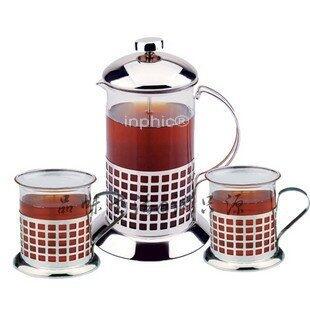 INPHIC-法式沖茶器，濾壓壺，咖啡壺，玻璃杯，花茶杯，三件套裝