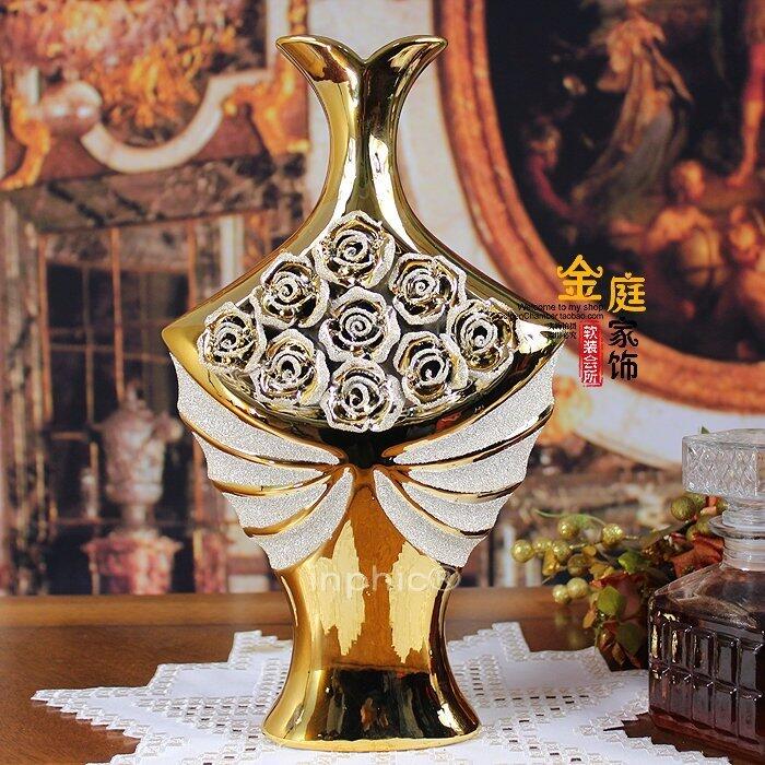 INPHIC-鍍金寄花玫瑰花瓶工藝品家居擺設客廳裝飾品現代陶瓷擺飾新房擺飾