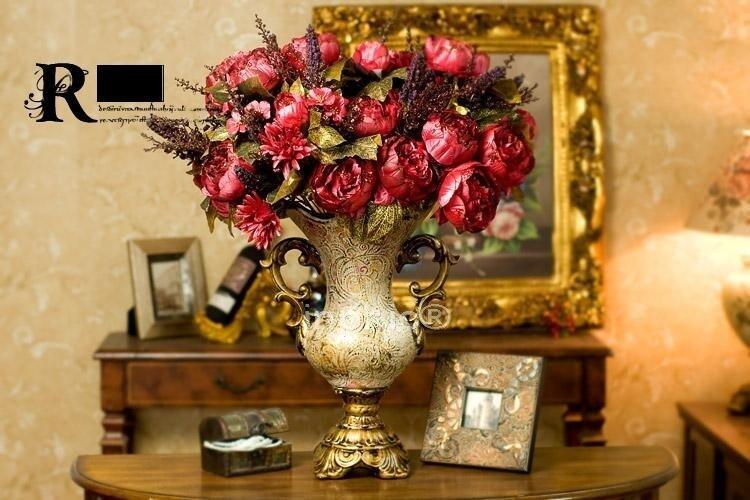 INPHIC-歐式風格 馬丁內斯陶瓷花器4束夢幻皇家牡丹 仿真花藝套裝