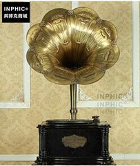 INPHIC-歐式復古大喇叭留聲機黑膠CD唱片機電唱機藍牙版-復古黑色