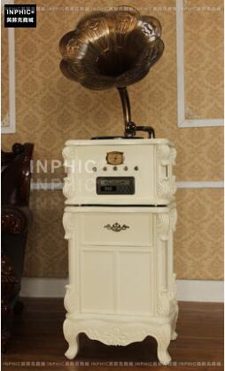 INPHIC-歐式復古大喇叭留聲機復古黑膠電唱機老式藍牙-象牙白色（標準托盤Cd機）