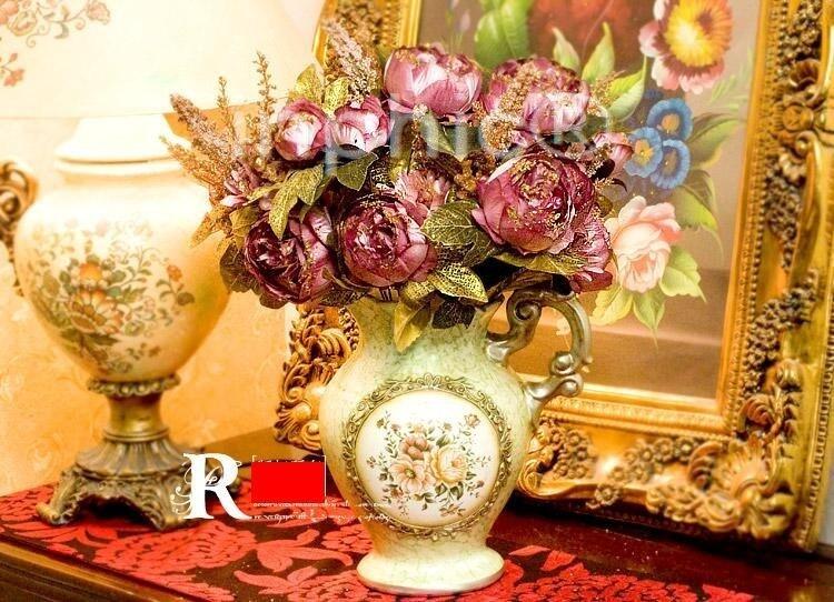 INPHIC-歐式手繪陶瓷花壺2束夢幻皇家牡丹 仿真花藝套裝