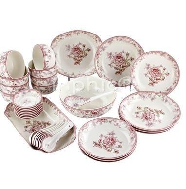 INPHIC-陶瓷套裝餐具紅色經典36頭中餐具套裝釉中彩餐具套件