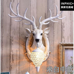 INPHIC-餐廳背景牆鹿頭走廊過道個性北歐復古美式客廳牆壁燈-福鹿米白中款壁燈