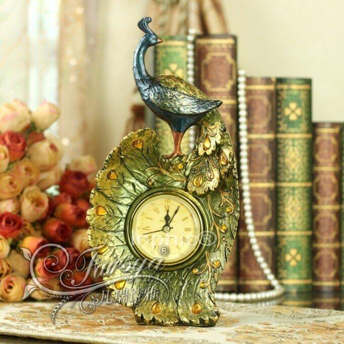 INPHIC-歐式創意家居裝飾品新房結婚擺件樹脂綠孔雀坐鐘座鐘桌鐘