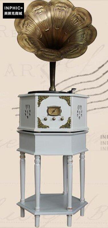 INPHIC-歐式復古大喇叭留聲機復古黑膠CD唱片機-復古白架（藍牙版）