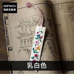 INPHIC-緞面八色手繡中式複古傳統書籤純蠶絲-乳白色