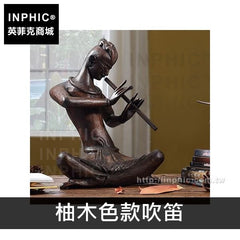 INPHIC-木雕擺飾泰國桌面裝飾東南亞樂俑裝飾品音樂人偶家居-柚木色款吹笛