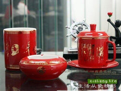 INPHIC-沁園春雪  中國紅描金 辦公室文具套裝 杯子 煙灰菸灰缸 筆筒