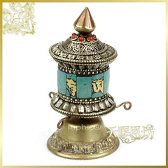 INPHIC-印度進口雕花鑲綠松石小型銅轉經筒家居工藝品