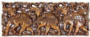 INPHIC-東南亞 家居 飾品 泰國 木雕 進口畫 象群 壁飾 長形 三象