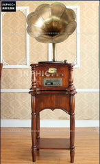 INPHIC-歐式復古大喇叭留聲機黑膠CD唱片機老式收音機-紅木紅色（架式版）