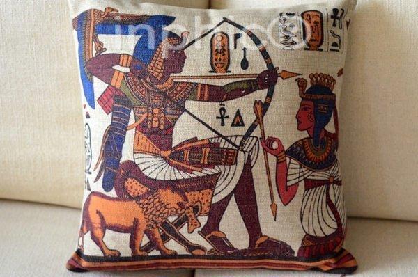 INPHIC-中東風格 鄉村  埃及壁畫 藍色花紋 亞麻 抱枕 靠墊 45cm x 45cm