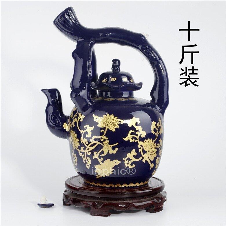 INPHIC-景德鎮十斤青花陶瓷酒瓶 10斤密封酒罈 空酒具 蓮子藍色提梁壺