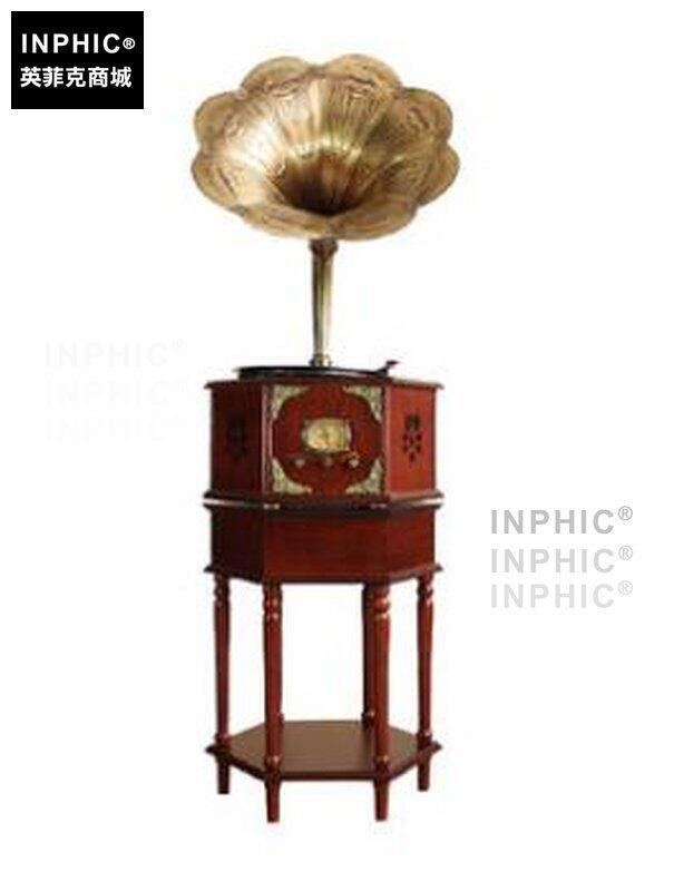 INPHIC-歐式復古大喇叭留聲機復古黑膠CD唱片機-紅木紅色架（藍牙版）