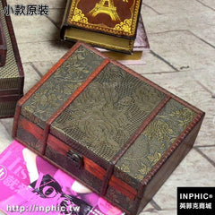 INPHIC-A4大書盒仿古木盒證件印章珍藏本收納盒桌面復古帶鎖長方形木盒子-小款原裝