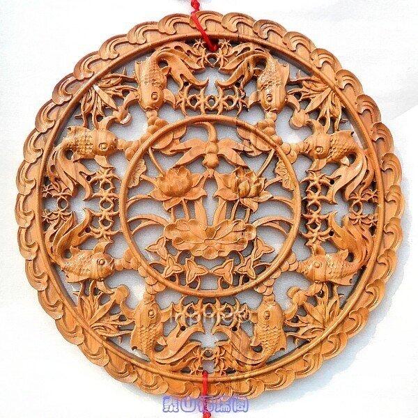 INPHIC-天然桃木八魚戲蓮花掛件 連年有餘荷花掛飾 金玉滿堂 工藝品 木雕