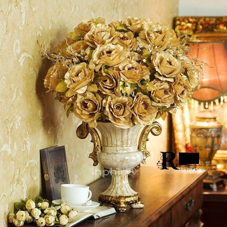 INPHIC-歐式巴比倫金邊玫瑰聖托歐式花瓶 仿真花套裝