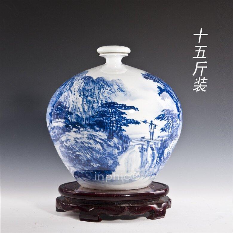 INPHIC-景德鎮十斤青花陶瓷酒瓶 10斤密封酒壇 手繪山水圓球瓶