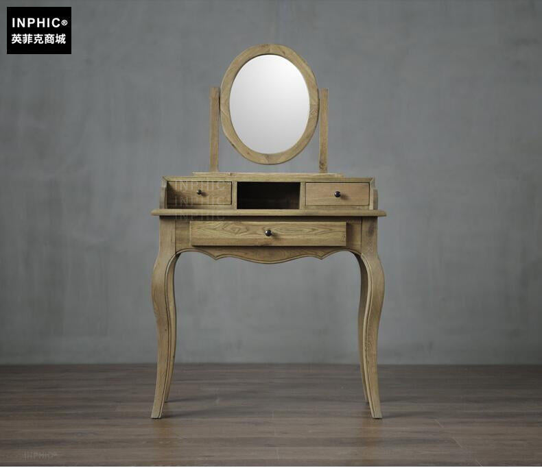 INPHIC-法式藝術風格雕刻彎腿梳妝桌 帶圓鏡座凳梳妝檯三件套-A款