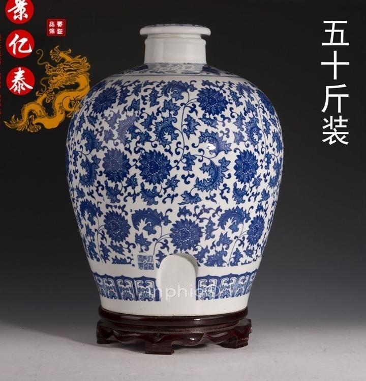 INPHIC-景德鎮五十斤青花陶瓷酒瓶 50斤密封酒壇 青花蓮子 可帶龍頭