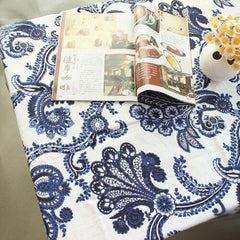 INPHIC-藍白青花瓷圖案布藝餐桌布蕾絲花邊棉麻桌布臺佈中式桌布