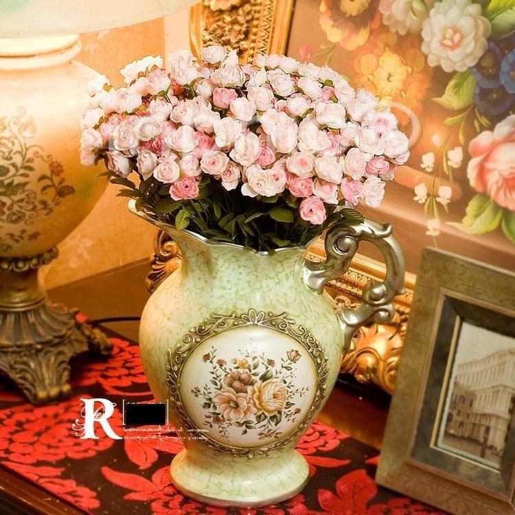 INPHIC-歐式田園風 手繪花壺4束法國琳達小玫瑰 仿真花套裝