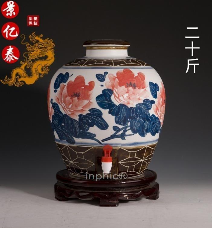 INPHIC-景德鎮二十斤陶瓷酒瓶 20斤密封酒壇子 手繪牡丹復古酒壇 帶龍頭