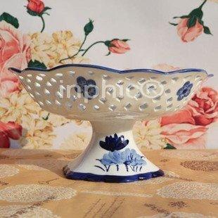 INPHIC-中式復古精致手工鏤空裝飾盤 青花瓷高腳果盤廚房蔬果收納 清荷