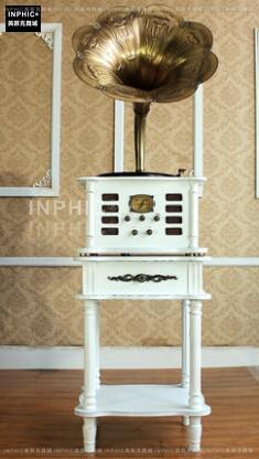 INPHIC-歐式復古大喇叭多媒體多功能留聲機復古黑膠CD唱片機-復古白色