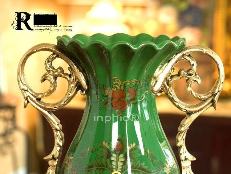 INPHIC-歐式高端綠優琳彩繪陶瓷 樹脂雙耳花瓣口花瓶 家居擺飾