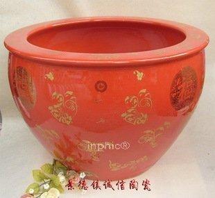 INPHIC-景德鎮瓷器工藝品 單色釉中國紅描金牡丹 藝術陶瓷 大金魚缸 畫缸