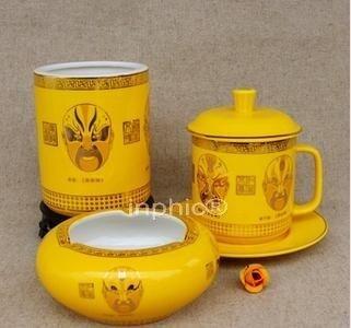 INPHIC-景德鎮陶瓷茶杯骨瓷筆筒煙灰菸灰缸4件套帝皇黃臉譜