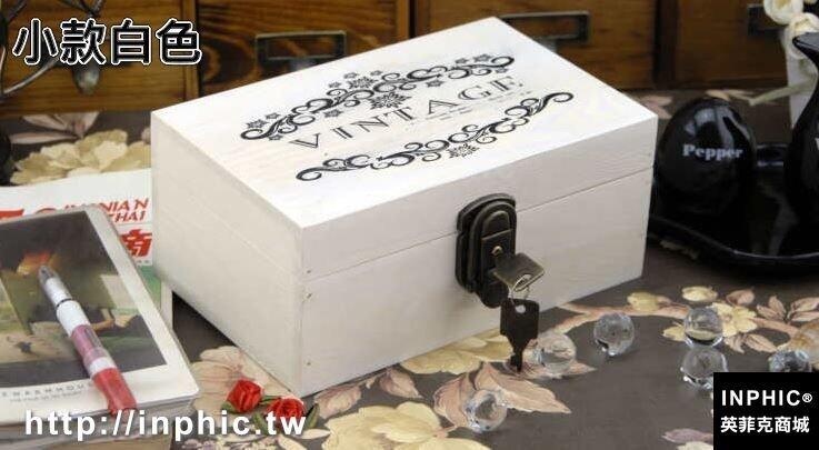 INPHIC-雜貨復古實木盒子筆記本秘密帶鎖收納盒子做舊盒證件盒-小款白色