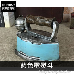 INPHIC-美式工藝品裝飾擺件縫紉機相機樹脂電話做舊販賣機復古道具-藍色電熨斗