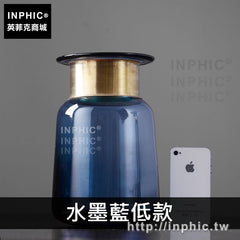 INPHIC-現代玻璃餐桌擺件透明擺設插花檯面裝飾品簡約客廳花瓶-水墨藍低款