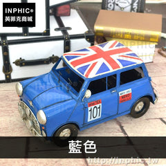 INPHIC-櫥窗鐵皮鐵藝家居擺件汽車英倫復古模型國旗老爺車-藍色