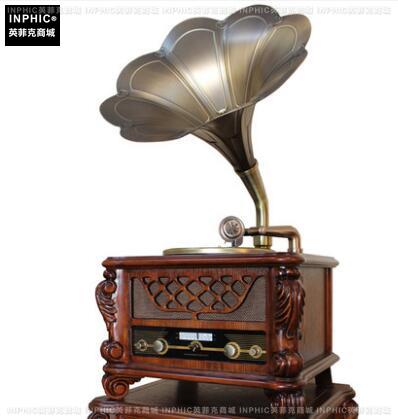 INPHIC-歐式復古大喇叭留聲機復古黑膠CD唱片機收音機-復古棕色（CD蝸牛唱臂版）