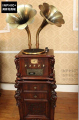 INPHIC-歐式復古大喇叭留聲機復古黑膠CD唱片機藍牙-復古棕色（雙喇叭）