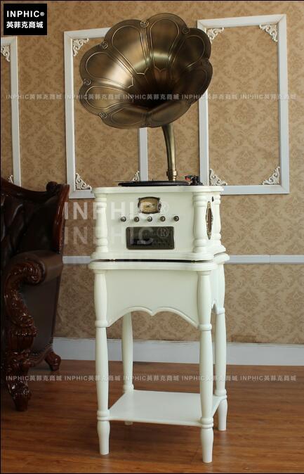 INPHIC-歐式復古大喇叭留聲機黑膠CD唱片機老式收音機-復古白色（架式版）