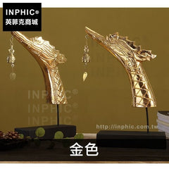 INPHIC-擺飾木雕擺設客廳銅鈴龍頭桌面一對東南亞泰國家居裝飾品-金色