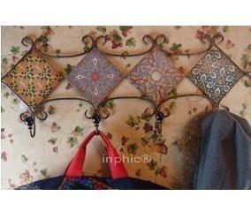 INPHIC-鐵藝做舊復古花紋陶瓷頭4掛鉤家飾復古懷舊歐美田園