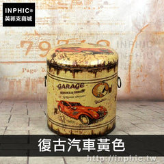 INPHIC-收納凳美式收納箱防水懷舊攝影道具圓桶復古做舊換鞋凳-復古汽車黃色