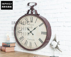 INPHIC-歐法式復古鐵藝鐘錶 橢圓美式鄉村客廳創意靜音金屬做舊大掛鐘
